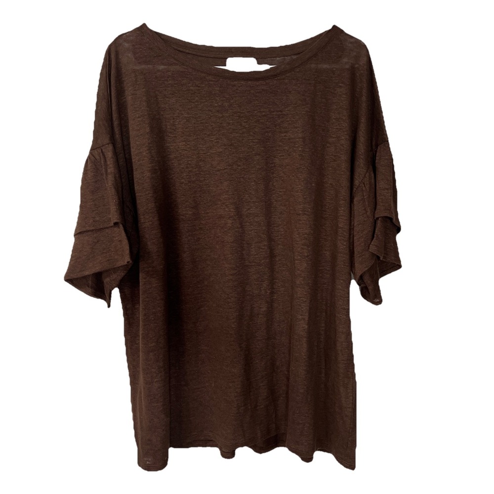 J Jill Brown Linen Blouse Size 1X Womens Top Ruffle Sleeves